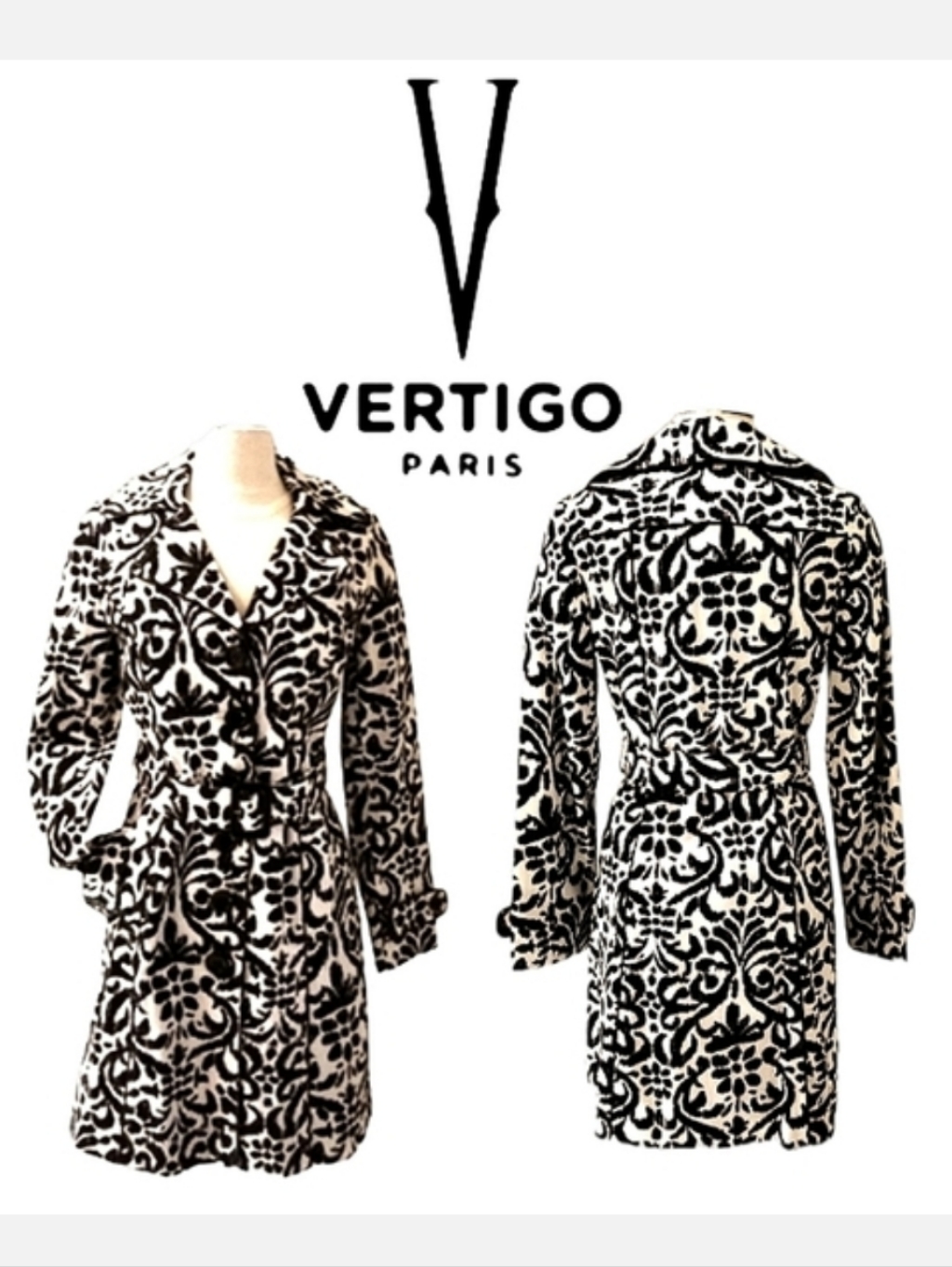 Vertigo Paris Structured Black & White Abstract Print Trench Coat Sz S